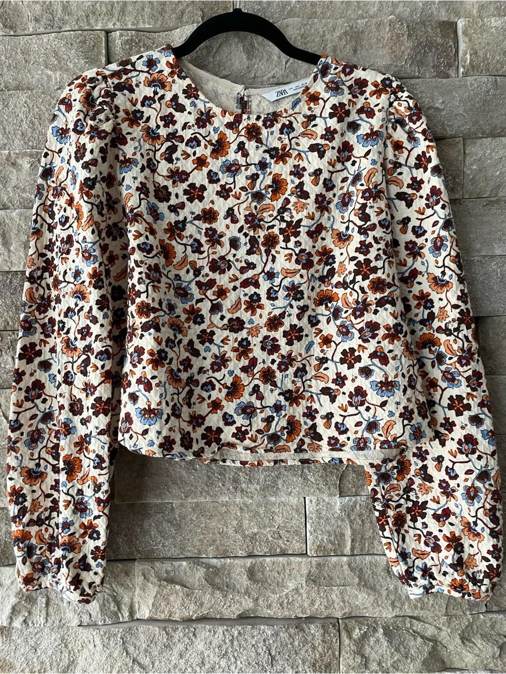 Zara Cream Floral Puff-Sleeve Top with Blue & Brown Accents